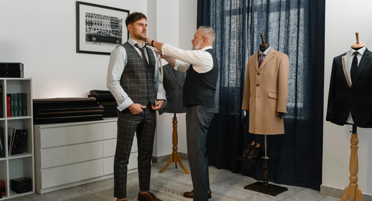 Homme essayant différents pantalons devant un miroir