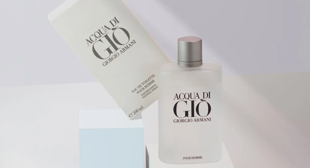 Stylish presentation of Acqua di Gio perfume by Giorgio Armani in a minimalist setting.